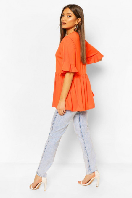 Ribbed Ruffle Short Sleeve Smock Top