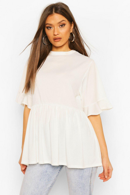 Ribbed Ruffle Short Sleeve Smock Top